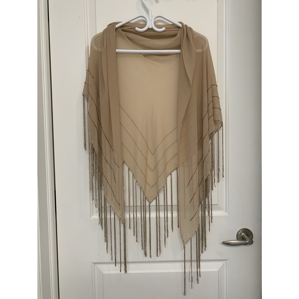 Bijoux Terner Beaded Fringe Shawl Wrap Beige Boho Festival